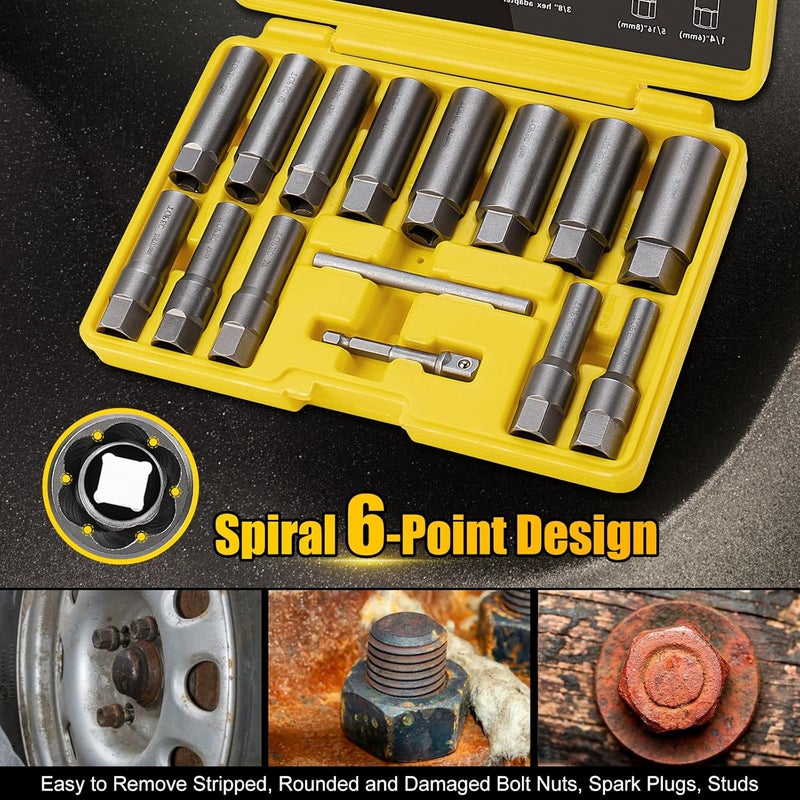 Topec 15PCS Deep Bolt Extractor Kit, 6mm-19mm Nut Extractor Socket Set, 3/8" Drive Rounded Bolt Remover, Spark Plug Extractor Tool for Broken, Stripped, Damaged, Rusted Stud and Bolt Nuts - Image 4
